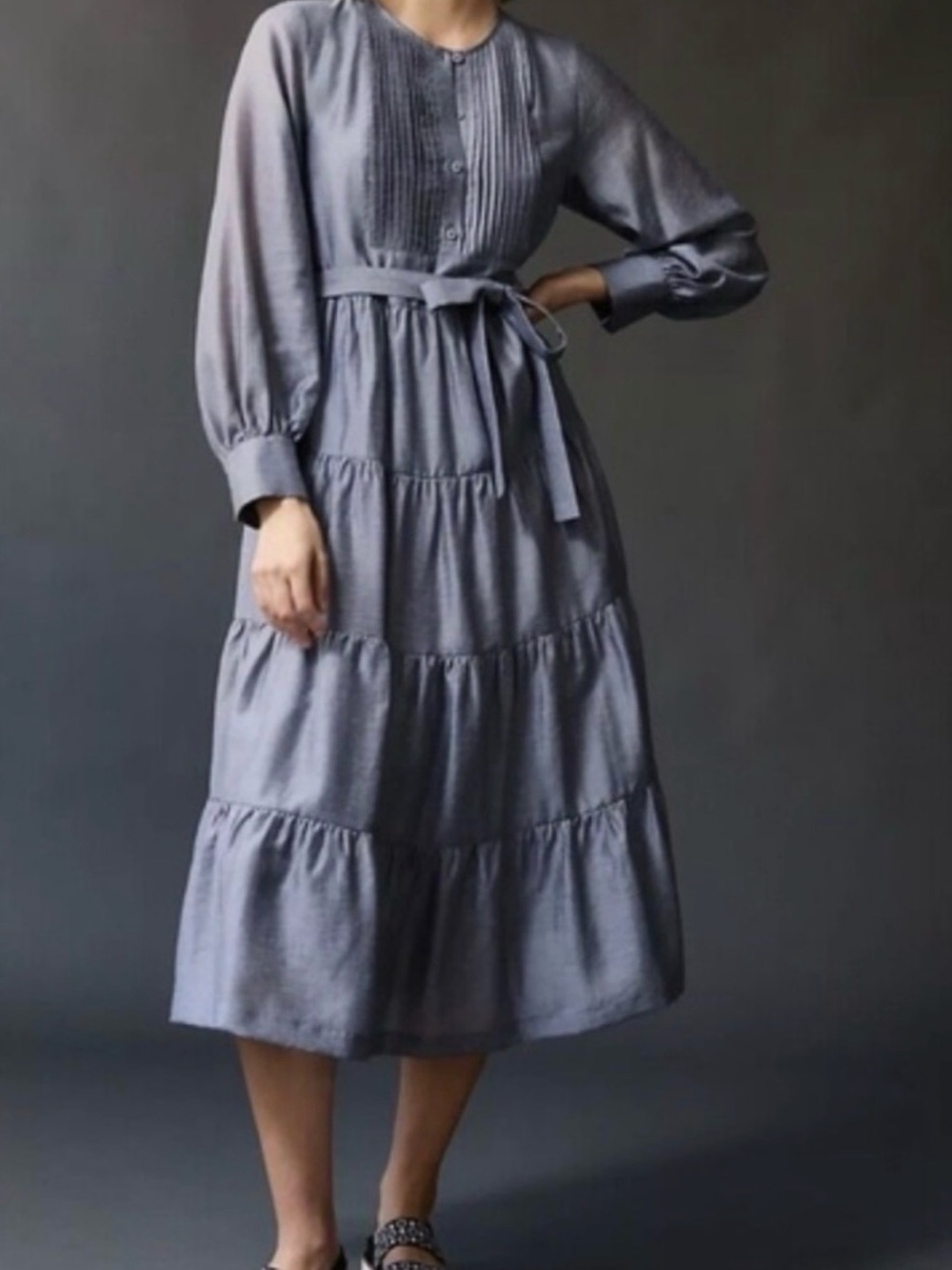 Anthropologie Mare Mare Slate Gray Tiered Pintuck Midi Dress